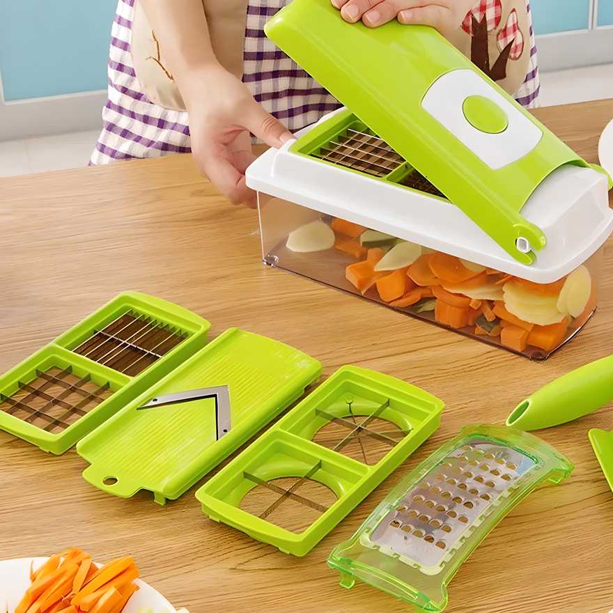 Multifunctional 12-in-1 Nicer Dicer, Vegetable Chopper, and Drain Basket Set